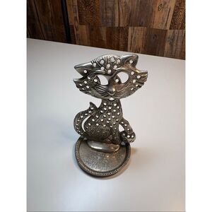 Vintage Cat Earring Tree/Ring Jewelry Holder Cast Metal Silver Plated Retro Mod